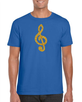 Bellatio Decorations Gouden muzieknoot G-sleutel / muziek feest t-shirt / kleding - blauw - voor heren - muziek shirts / muziek liefhebber / outfit 2XL