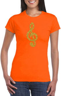 Bellatio Decorations Gouden muzieknoot G-sleutel / muziek feest t-shirt / kleding - oranje - voor dames - muziek shirts / muziek liefhebber / outfit 2XL