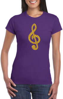Bellatio Decorations Gouden muzieknoot G-sleutel / muziek feest t-shirt / kleding - paars - voor dames - muziek shirts / muziek liefhebber / outfit XS