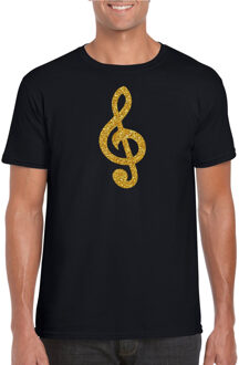 Bellatio Decorations Gouden muzieknoot G-sleutel / muziek feest t-shirt / kleding - zwart - voor heren - muziek shirts / muziek liefhebber / outfit 2XL