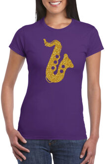 Bellatio Decorations Gouden saxofoon / muziek t-shirt / kleding - paars - voor dames - muziek shirts / muziek liefhebber / jazz / saxofonisten outfit L