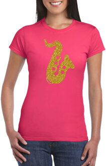 Bellatio Decorations Gouden saxofoon / muziek t-shirt / kleding roze dames