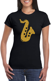 Bellatio Decorations Gouden saxofoon / muziek t-shirt / kleding - zwart - voor dames - muziek shirts / muziek liefhebber / jazz / saxofonisten outfit XS