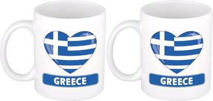 Bellatio Decorations Griekenland thema mok/beker - 2x - 300 ml - hartje