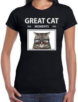 Bellatio Decorations Grijze katten t-shirt met dieren foto great cat moments zwart voor dames