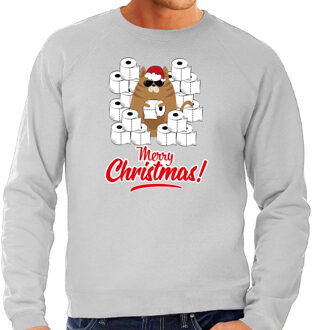 Bellatio Decorations Grijze Kerststrui / Kerstkleding hamsterende kat Merry Christmas voor heren 2XL - kerst truien Grijs