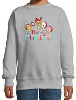 Bellatio Decorations Grijze kersttrui / kerstkleding dierenvriendjes Merry christmas voor kinderen 12-13 jaar (152/164) - kerst truien kind Grijs