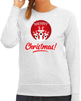 Bellatio Decorations Grijze Kersttrui / Kerstkleding Merry Christmas voor dames met rendier kerstbal 2XL - kerst truien Grijs