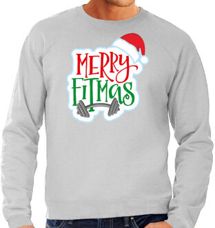 Bellatio Decorations Grijze Kersttrui / Kerstkleding Merry fitmas voor heren 2XL - kerst truien Grijs