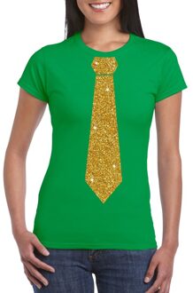 Bellatio Decorations Groen fun t-shirt met stropdas in glitter goud dames 2XL