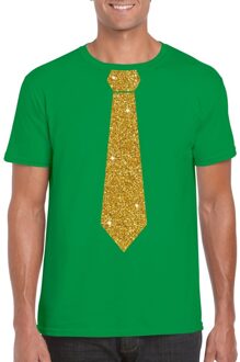 Bellatio Decorations Groen fun t-shirt met stropdas in glitter goud heren 2XL