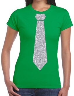 Bellatio Decorations Groen fun t-shirt met stropdas in glitter zilver dames 2XL