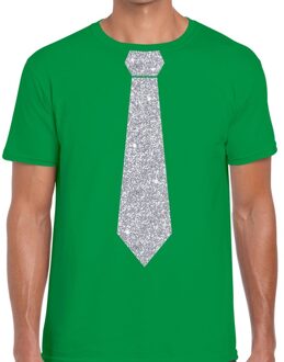 Bellatio Decorations Groen fun t-shirt met stropdas in glitter zilver heren 2XL