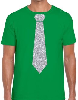 Bellatio Decorations Groen fun t-shirt met stropdas in glitter zilver heren