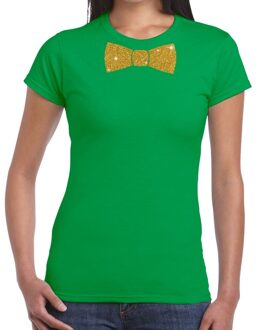 Bellatio Decorations Groen fun t-shirt met vlinderdas in glitter goud dames XS