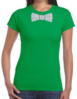 Bellatio Decorations Groen fun t-shirt met vlinderdas in glitter zilver dames XS