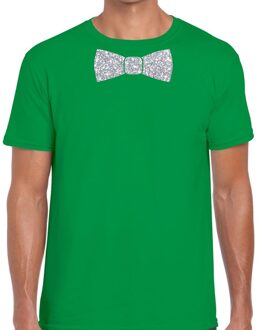 Bellatio Decorations Groen fun t-shirt met vlinderdas in glitter zilver heren 2XL