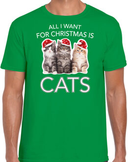 Bellatio Decorations Groen Kerst shirt/ Kerstkleding All i want for Christmas is cats voor heren 2XL - kerst t-shirts