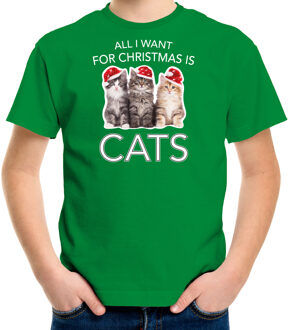 Bellatio Decorations Groen Kerst shirt/ Kerstkleding All i want for Christmas is cats voor kinderen L (140-152) - kerst t-shirts kind