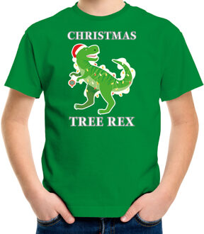 Bellatio Decorations Groen Kerst shirt / Kerstkleding Christmas tree rex voor kinderen L (140-152) - kerst t-shirts kind