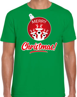 Bellatio Decorations Groen Kerst shirt / Kerstkleding Merry Christmas voor heren met rendier kerstbal 2XL - kerst t-shirts