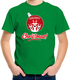 Bellatio Decorations Groen Kerst shirt / Kerstkleding Merry Christmas voor kinderen met rendier kerstbal L (140-152) - kerst t-shirts kind