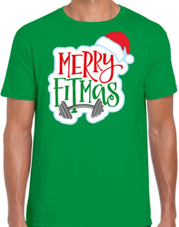 Bellatio Decorations Groen Kerst shirt/ Kerstkleding Merry fitmas voor heren 2XL - kerst t-shirts