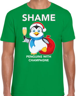 Bellatio Decorations Groen Kerst shirt/ Kerstkleding met pinguin Shame penguins with champagne voor heren 2XL - kerst t-shirts