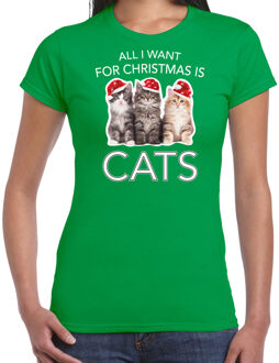 Bellatio Decorations Groen Kerstshirt / Kerstkleding All i want for christmas is cats voor dames 2XL - kerst t-shirts