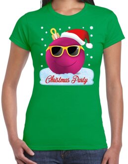 Bellatio Decorations Groen kerstshirt / kerstkleding Christmas party met roze coole kerstbal voor dames 2XL - kerst t-shirts