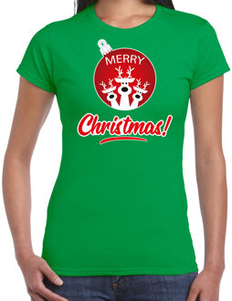 Bellatio Decorations Groen Kerstshirt / Kerstkleding Merry Christmas voor dames met rendier kerstbal 2XL - kerst t-shirts