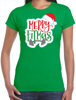 Bellatio Decorations Groen Kerstshirt / Kerstkleding Merry fitmas voor dames XS - kerst t-shirts