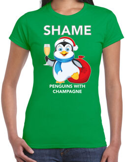 Bellatio Decorations Groen Kerstshirt / Kerstkleding met pinguin Shame penguins with champagne voor dames 2XL - kerst t-shirts