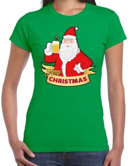 Bellatio Decorations Groen kerstshirt / kerstkleding santa met pul bier voor dames XS - kerst t-shirts