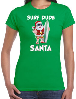 Bellatio Decorations Groen Kerstshirt / Kerstkleding surf dude Santa voor dames XS - kerst t-shirts