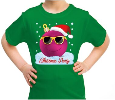 Bellatio Decorations Groen t-shirt / kerstkleding coole roze kerstbal christmas party voor kinderen L (140-152) - kerst t-shirts kind