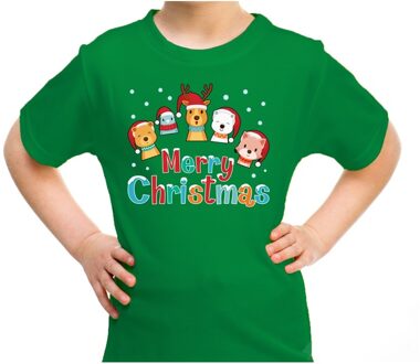 Bellatio Decorations Groen t-shirt / kerstkleding dierenvriendjes Merry christmas voor kinderen L (140-152) - kerst t-shirts kind