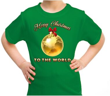 Bellatio Decorations Groen t-shirt / kerstkleding Merry Christmas to the world voor kinderen L (140-152) - kerst t-shirts kind