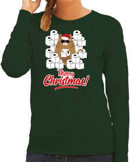 Bellatio Decorations Groene Kerststrui / Kerstkleding hamsterende kat Merry Christmas voor dames 2XL - kerst truien