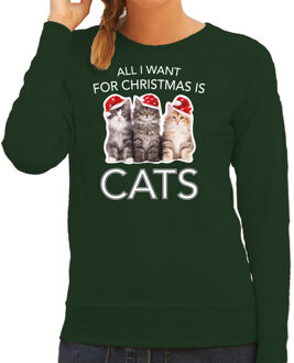 Bellatio Decorations Groene Kersttrui / Kerstkleding All I want for christmas is cats voor dames XS - kerst truien