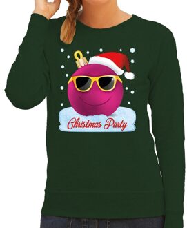 Bellatio Decorations Groene kersttrui / kerstkleding Christmas party met roze coole kerstbal voor dames 2XL (44) - kerst truien