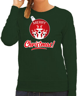 Bellatio Decorations Groene Kersttrui / Kerstkleding Merry Christmas voor dames met rendier kerstbal 2XL - kerst truien