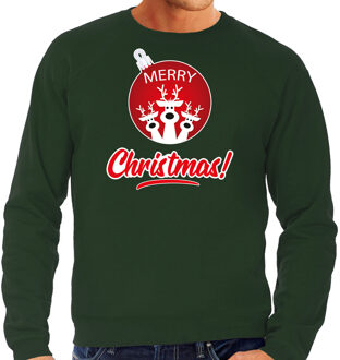 Bellatio Decorations Groene Kersttrui / Kerstkleding Merry Christmas voor heren met rendier kerstbal 2XL - kerst truien