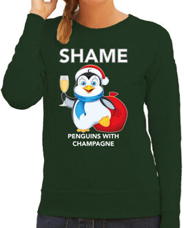 Bellatio Decorations Groene Kersttrui / Kerstkleding met pinguin Shame penguins with champagne voor dames 2XL - kerst truien