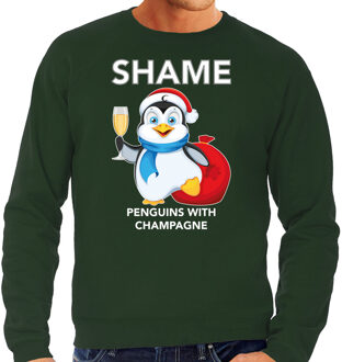 Bellatio Decorations Groene Kersttrui / Kerstkleding met pinguin Shame penguins with champagne voor heren 2XL - kerst truien