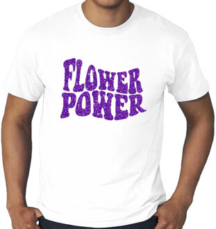 Bellatio Decorations Grote Maten Flower Power t-shirt wit met paarse letters heren