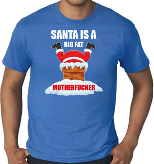 Bellatio Decorations Grote maten fout Kerstshirt / outfit Santa is a big fat motherfucker blauw voor heren