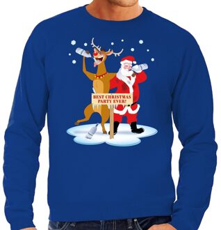 Bellatio Decorations Grote maten foute kersttrui blauw met een dronken kerstman en Rudolf voor heren 4XL (60) - kerst truien