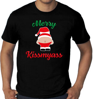 Bellatio Decorations Grote maten merry kiss my ass foute Kerst t-shirt zwart voor heren
