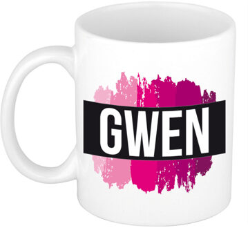 Bellatio Decorations Gwen naam cadeau koffie mok - beker - met roze verfstrepen - Cadeau collega - moederdag